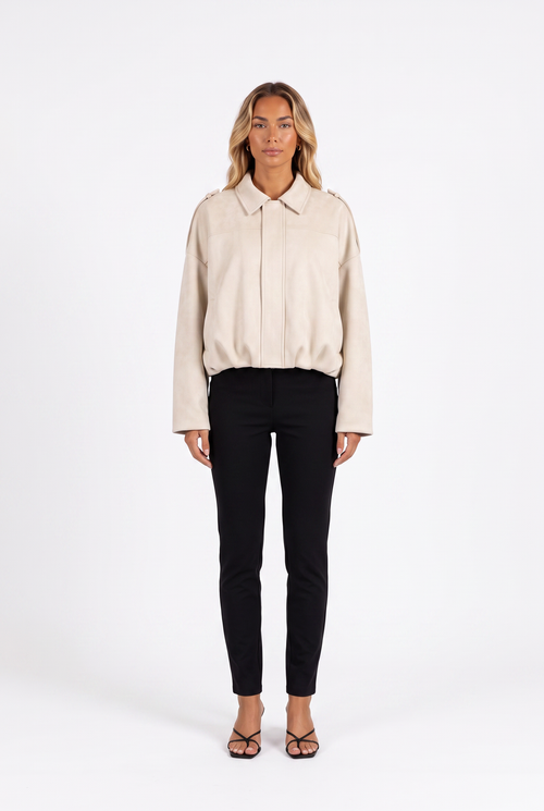 Cream faux-suede cropped bomber with epaulettes — front