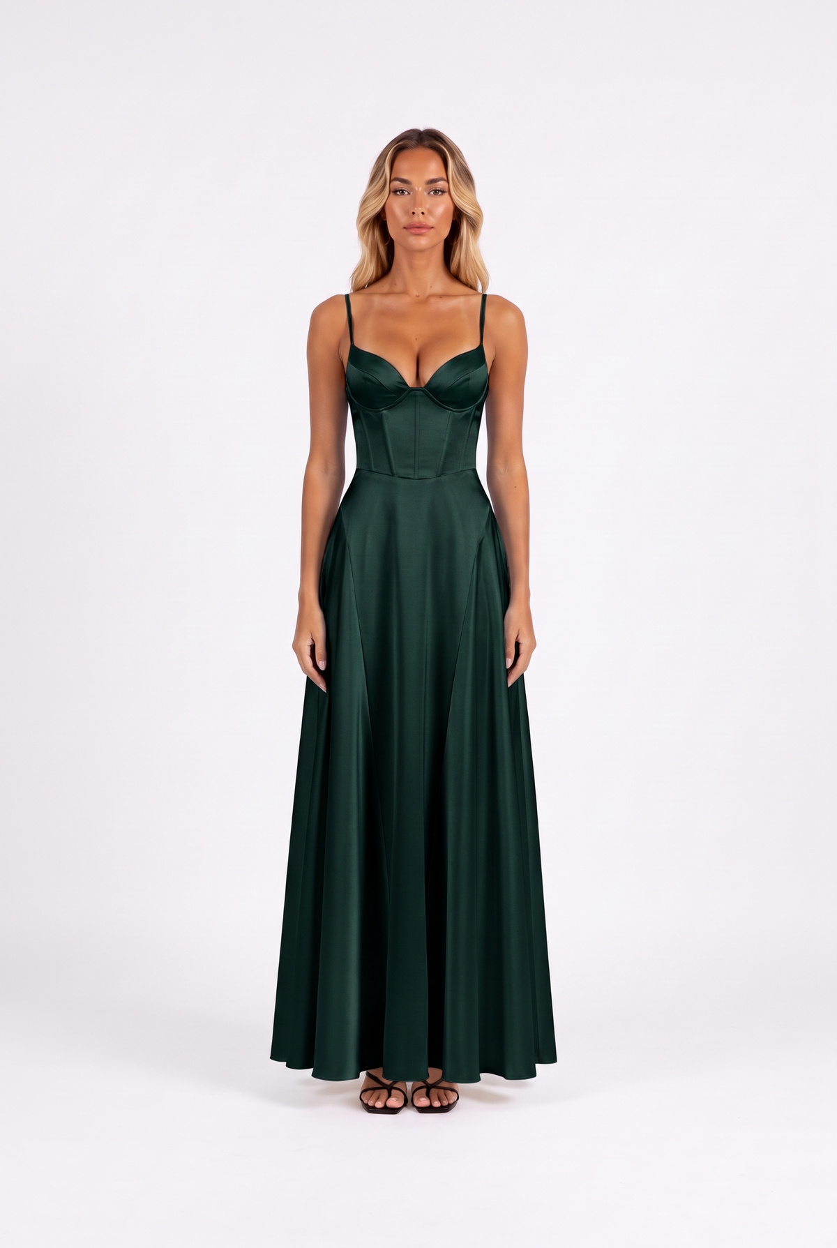 Satin corset lace-up-back maxi dress in Blackish Green — front