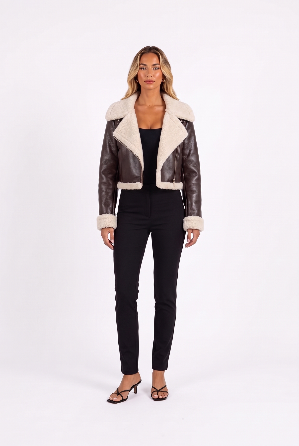 Cropped Moto Jacket with Faux Shearling Trim in dark coffee — front
