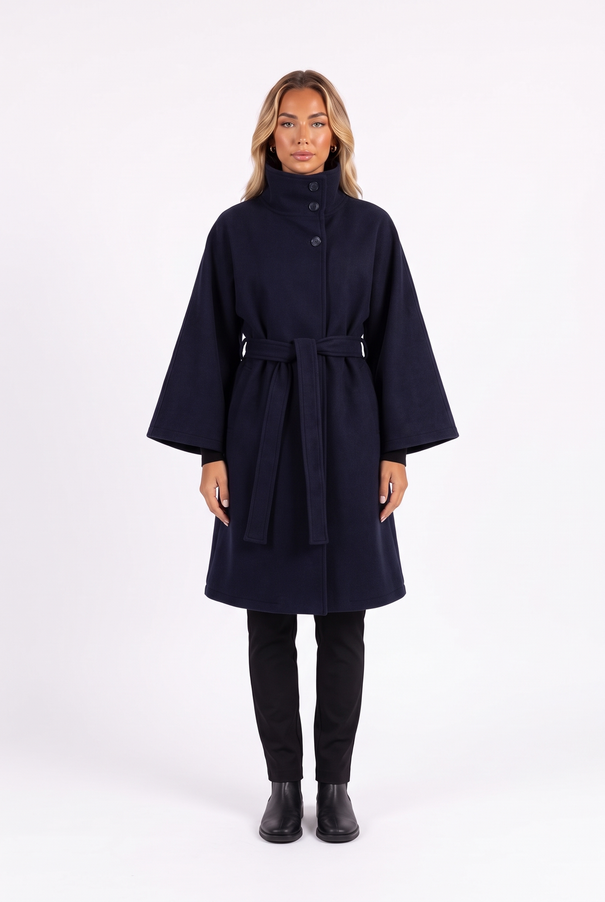 Belted cape jacket with funnel collar in navy blue — front